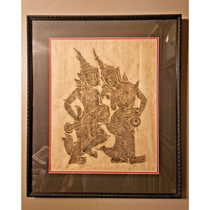 Vintage Temple Rubbing Siam Thai Framed Picture Art Mid Century Modern